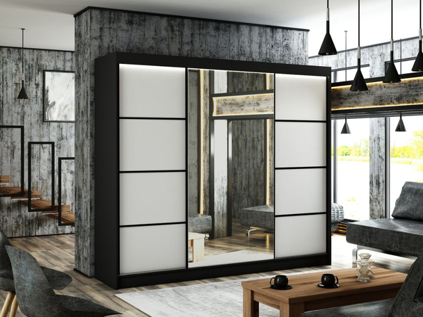 Armoire avec miroir et éclairage LED Portel Blanc, Noir