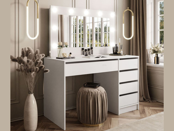 Coiffeuse glamour avec miroir et éclairage LED Melo Blanc mat