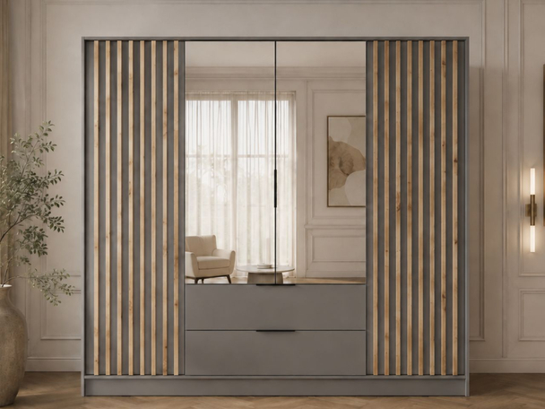 Armoire Portes Battantes Macron gris avec miroir et lamelles