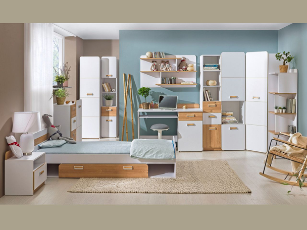 Un ensemble de meubles pour une chambre d'adolescent Lindo Blanc, chêne Nash