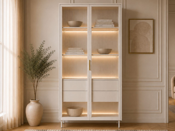 Vitrine en verre avec tiroirs et éclairage LED Lumina Cachemire