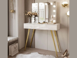 Coiffeuse glamour avec tiroirs, miroir et éclairage LED Olivine Elite Brillant blanc