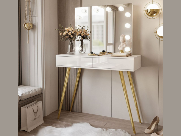 Coiffeuse glamour avec tiroirs, miroir et éclairage LED Olivine Elite Brillant blanc