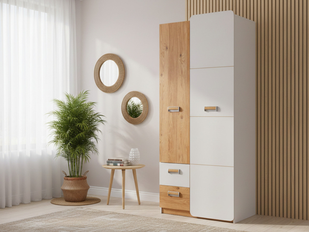 Armoire avec portes à charnières et tiroirs Lindo Blanc, chêne Nash