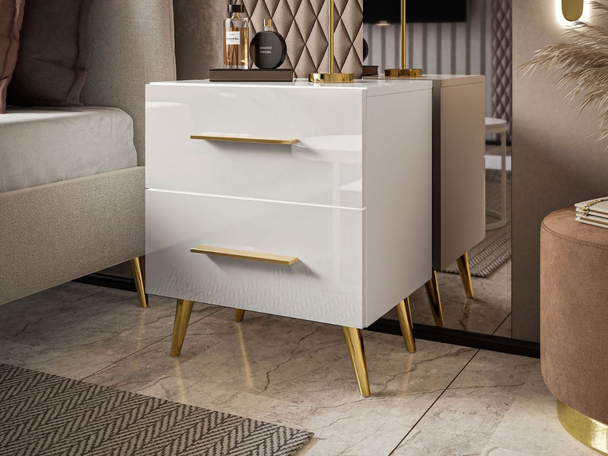 Table de chevet avec tiroirs Noaé Lux Blanc brillant