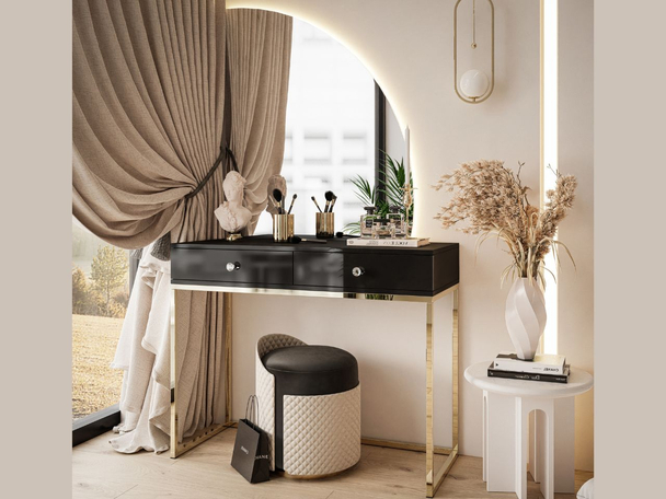 Coiffeuse latérale droite avec tiroirs et éclairage LED Clarette Noir brillant
