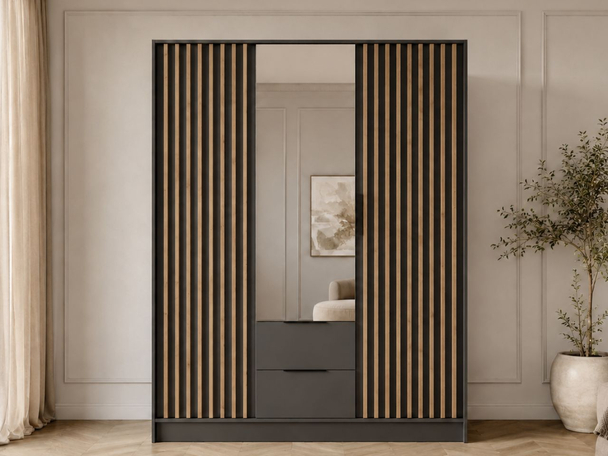 Armoire Portes Battantes Macron Graphite avec miroir et lamelles