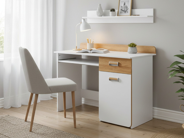 Bureau avec tiroir Lindo Blanc, chêne Nash