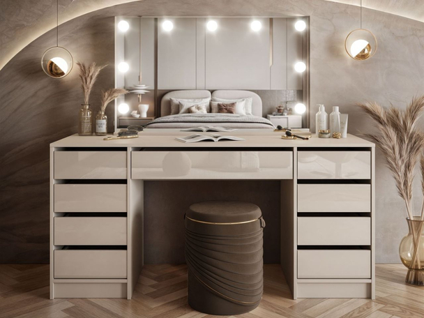 Coiffeuse avec miroir, tiroirs et éclairage Melo Elite Cachemire brillant