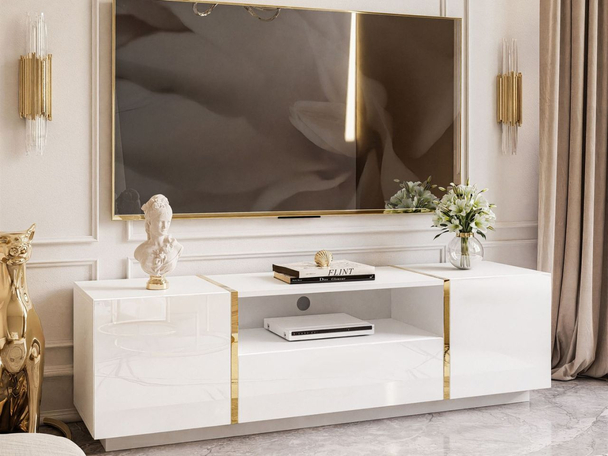 Meuble TV Rangement glamour Lunelie Brillant blanc