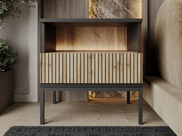Table de chevet avec tiroir et éclairage LED Deo Noir, Marron