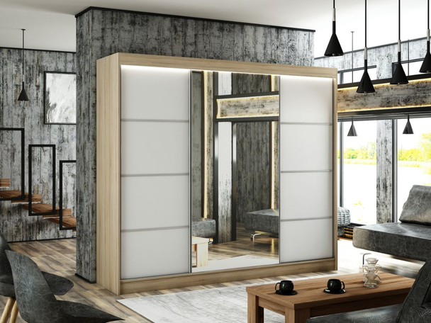 Armoire avec miroir et éclairage LED Portel Blanc, Marron