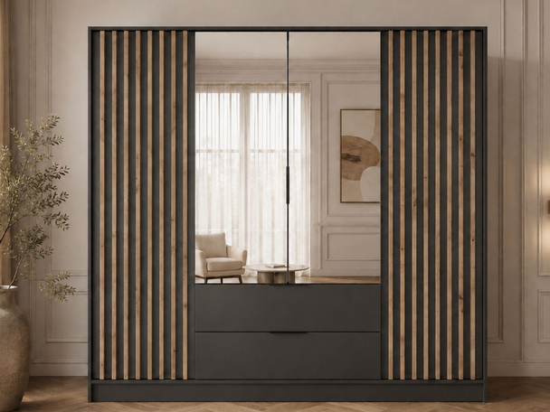 Armoire Portes Battantes Macron Graphite avec miroir et lamelles
