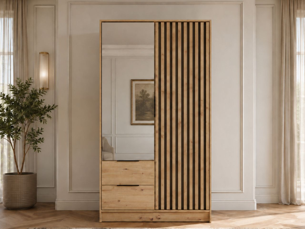 Armoire Portes Battantes Macron marron avec miroir et lamelles