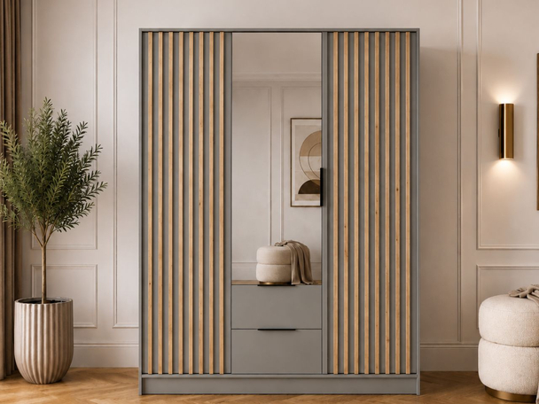 Armoire Portes Battantes Macron gris avec miroir et lamelles